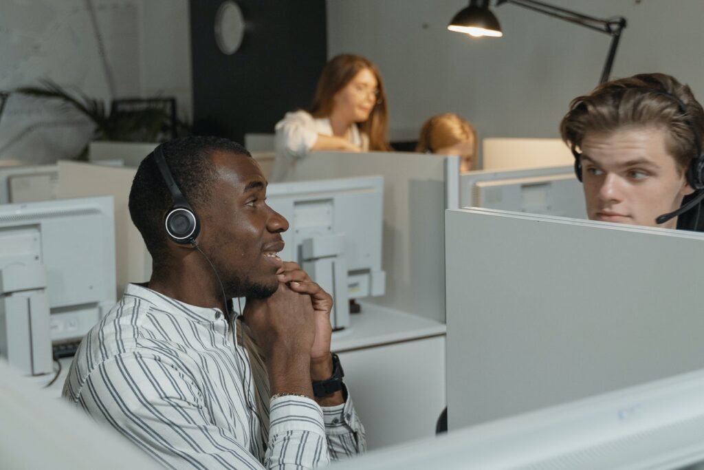 Employees n a call center, chatting 